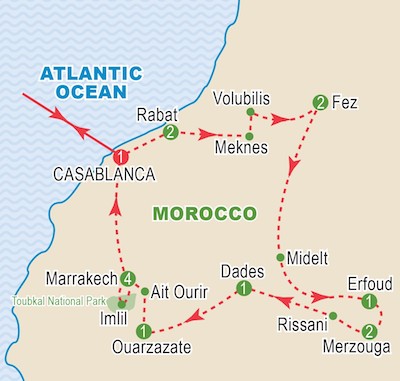 Morocco Circuit Map, Imperial Cities & South Tour